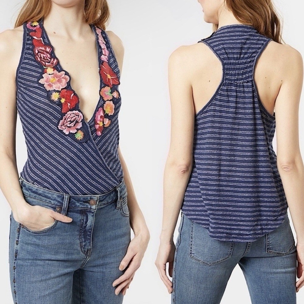 Free People Tank Small Frida Striped Plunging Embroidered Floral Blue NEW $78